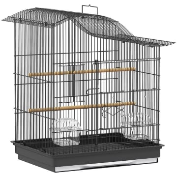 GABBIA PER UCCELLI A 4 PORTE CON 2 CIOTOLE, 2 POSATOI E VASSOIO, IN METALLO E PLASTICA, 47.5X36X54.5 CM, NERO