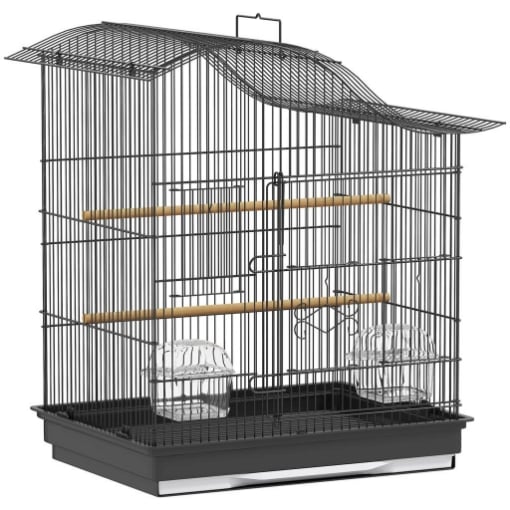 GABBIA PER UCCELLI A 4 PORTE CON 2 CIOTOLE, 2 POSATOI E VASSOIO, IN METALLO E PLASTICA, 47.5X36X54.5 CM, NERO