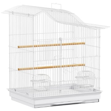 GABBIA PER UCCELLI A 4 PORTE CON 2 CIOTOLE, 2 POSATOI E VASSOIO, IN METALLO E PLASTICA, 47.5X36X54.5 CM, BIANCO