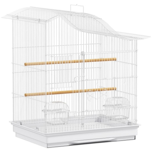 GABBIA PER UCCELLI A 4 PORTE CON 2 CIOTOLE, 2 POSATOI E VASSOIO, IN METALLO E PLASTICA, 47.5X36X54.5 CM, BIANCO