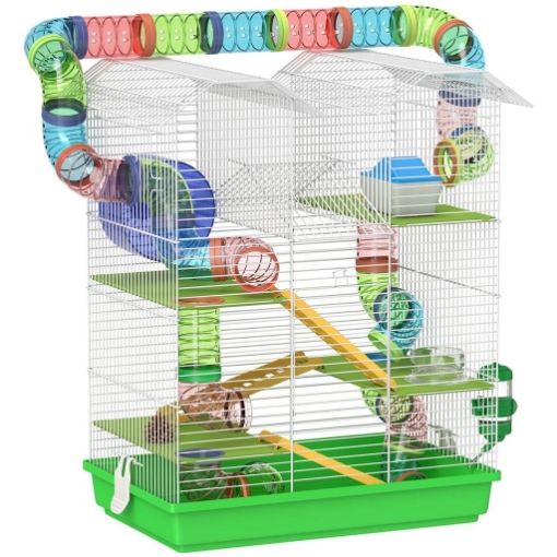 GABBIA PER CRICETI A 5 PIANI CON TUBI COLORATI, RUOTA, CASETTA E ACCESSORI, 47X30X59 CM, VERDE