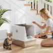 LETTIERA PER GATTI GRANDI IN ACCIAIO INOX CON COPERCHIO RIBALTABILE, PALETTA E DEODORANTE, GRIGIO CHIARO