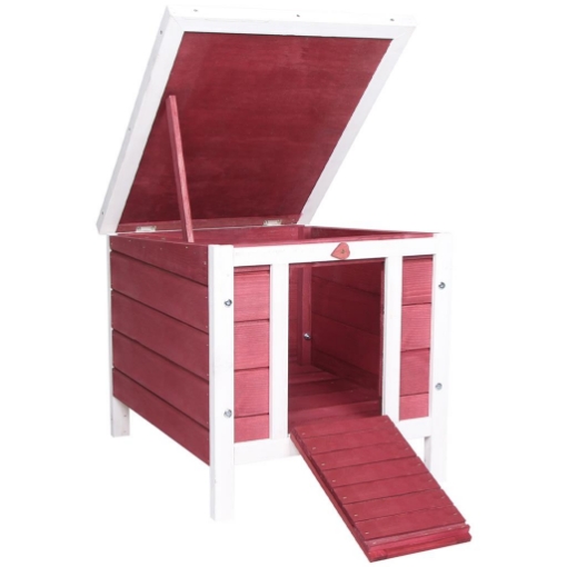 CONIGLIERA IN LEGNO CON TETTO APRIBILE IN ASFALTO, RAMPA ANTISCIVOLO, 51X42X43 CM, ROSSO