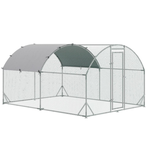 RECINTO PER GALLINE IN METALLO GALVANIZZATO CON TETTO E COPERTURA ANTI UV, 280X380X197 CM, ARGENTO