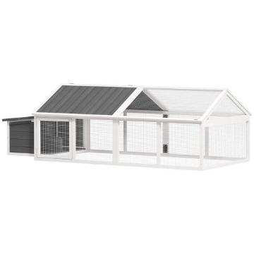 POLLAIO DA GIARDINO PER 4-8 GALLINE IN LEGNO CON RETE METALLICA E TETTO APRIBILE, 240X112.5X76 CM, BIANCO