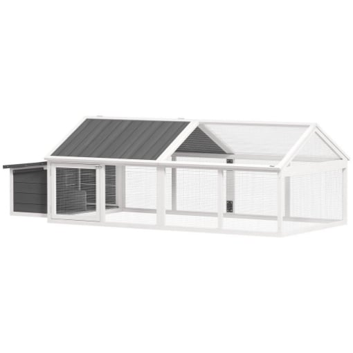 POLLAIO DA GIARDINO PER 4-8 GALLINE IN LEGNO CON RETE METALLICA E TETTO APRIBILE, 240X112.5X76 CM, BIANCO