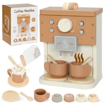 SET MACCHINA DEL CAFFÞ GIOCATTOLO IN LEGNO PER BAMBINI DA 3 ANNI CON ACCESSORI, MARRONE