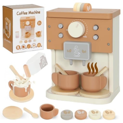 SET MACCHINA DEL CAFFÞ GIOCATTOLO IN LEGNO PER BAMBINI DA 3 ANNI CON ACCESSORI, MARRONE