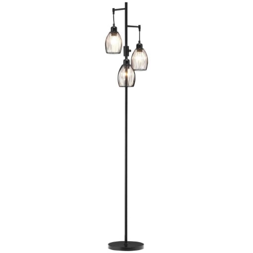LAMPADA DA TERRA INDUSTRIALE CON 3 PARALUMI E INTENSITÓ REGOLABILE, IN ACCIAIO, 30X30X170.5 CM, NERO