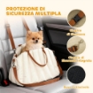 SEGGIOLINO AUTO PER CANI PICCOLI CON GUINZAGLIO E BASE ANTISCIVOLO, CONVERTIBILE IN BORSA PER ANIMALI, CREMA