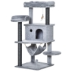 ALBERO TIRAGRAFFI PER GATTI CON PALO, CASETTA, LETTO, AMACA E 2 GIOCHI IN LEGNO E PELUCHE, 48X48X107 CM, GRIGIO