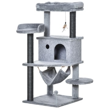 ALBERO TIRAGRAFFI PER GATTI CON PALO, CASETTA, LETTO, AMACA E 2 GIOCHI IN LEGNO E PELUCHE, 48X48X107 CM, GRIGIO