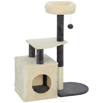 ALBERO TIRAGRAFFI PER GATTI ALTO 92 CM CON CASETTA, LETTINO, PALI IN SISAL E PALLINA, BIANCO CREMA