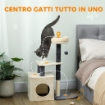 ALBERO TIRAGRAFFI PER GATTI ALTO 92 CM CON CASETTA, LETTINO, PALI IN SISAL E PALLINA, BIANCO CREMA