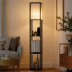 LAMPADA DA TERRA CON RIPIANI, LUCE REGOLABILE, INTERRUTTORE A PEDALE E PORTE USB, NERO