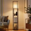 LAMPADA DA TERRA CON RIPIANI, LUCE REGOLABILE, INTERRUTTORE A PEDALE E PORTE USB, MARRONE