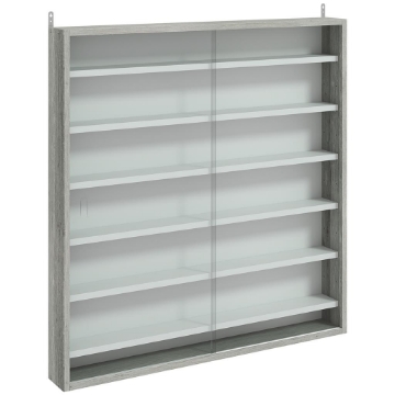 BACHECA PORTAOGGETTI A 5 RIPIANI REGOLABILI IN LEGNO CON ANTE IN VETRO, 80X9.5X83 CM, BIANCO E GRIGIO
