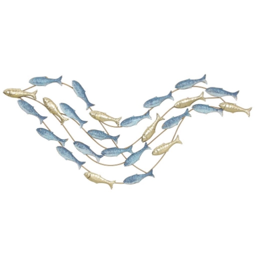 WALL ART BANCO DI PESCI IN METALLO CON VITI INCLUSE, 99.7X3.8X50.2 CM, ORO E BLU