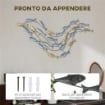 WALL ART BANCO DI PESCI IN METALLO CON VITI INCLUSE, 99.7X3.8X50.2 CM, ORO E BLU