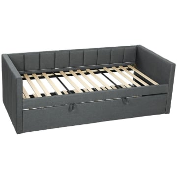 LETTO SINGOLO CON SECONDO LETTO ESTRAIBILE, RIVESTIMENTO IN TESSUTO E BRACCIOLI, 205X181X70 CM, GRIGIO SCURO
