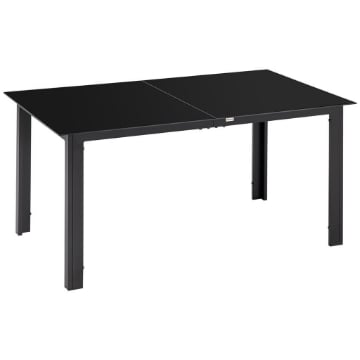TAVOLO DA GIARDINO RETTANGOLARE PER 6 PERSONE CON PIANO IN VETRO E ALLUMINIO, 150X90 CM, NERO