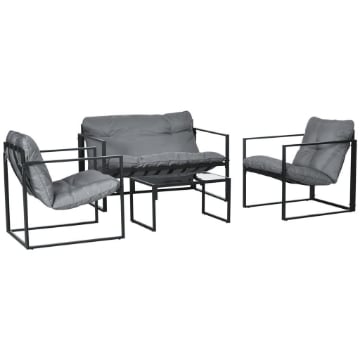 SET DA GIARDINO 4 PEZZI CON DIVANETTO, 2 POLTRONE E TAVOLINO, IN ACCIAIO, POLIESTERE E COTONE PP, NERO E GRIGIO