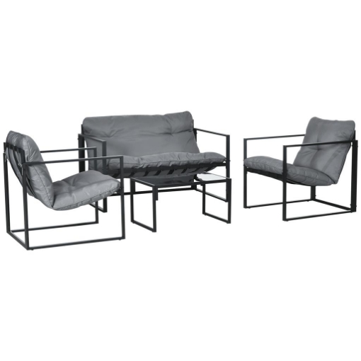 SET DA GIARDINO 4 PEZZI CON DIVANETTO, 2 POLTRONE E TAVOLINO, IN ACCIAIO, POLIESTERE E COTONE PP, NERO E GRIGIO