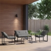 SET DA GIARDINO 4 PEZZI CON DIVANETTO, 2 POLTRONE E TAVOLINO, IN ACCIAIO, POLIESTERE E COTONE PP, NERO E GRIGIO