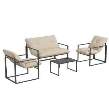 SET DA GIARDINO 4 PEZZI CON DIVANETTO, 2 POLTRONE E TAVOLINO, IN ACCIAIO, POLIESTERE E COTONE PP, BEIGE E GRIGIO