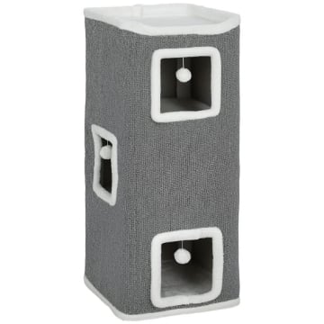 TORRE PER GATTI CON 3 CASETTE, 3 PALLINE E POSATOIO, IN LEGNO, TESSUTO E PELUCHE, 41X41X100 CM, GRIGIO E BIANCO
