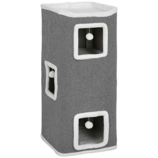 TORRE PER GATTI CON 3 CASETTE, 3 PALLINE E POSATOIO, IN LEGNO, TESSUTO E PELUCHE, 41X41X100 CM, GRIGIO E BIANCO