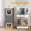 TORRE PER GATTI CON 3 CASETTE, 3 PALLINE E POSATOIO, IN LEGNO, TESSUTO E PELUCHE, 41X41X100 CM, GRIGIO E BIANCO