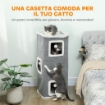 TORRE PER GATTI CON 3 CASETTE, 3 PALLINE E POSATOIO, IN LEGNO, TESSUTO E PELUCHE, 41X41X100 CM, GRIGIO E BIANCO