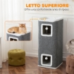 TORRE PER GATTI CON 3 CASETTE, 3 PALLINE E POSATOIO, IN LEGNO, TESSUTO E PELUCHE, 41X41X100 CM, GRIGIO E BIANCO