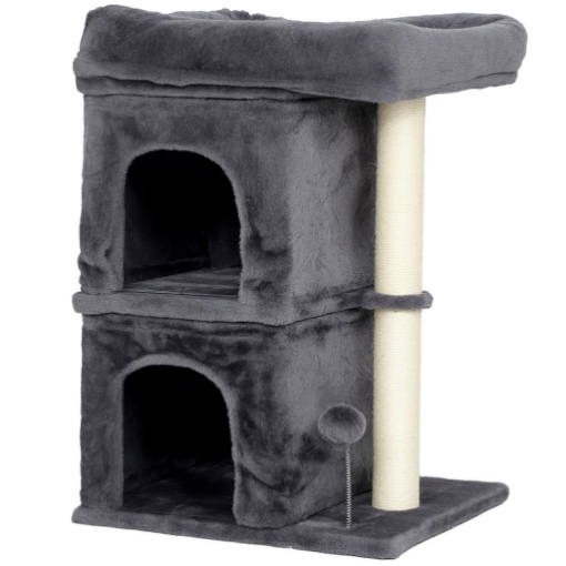 TORRE PER GATTI FINO A 7 KG CON 2 CASETTE E LETTINO, PALO IN SISAL E RIVESTIMENTO PELUCHE, GRIGIO SCURO