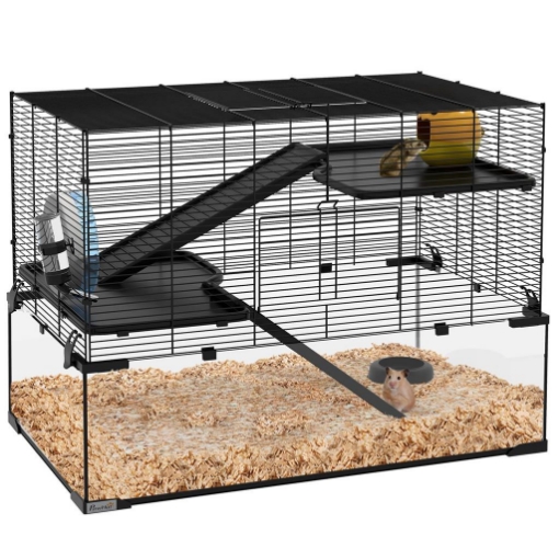 GABBIA PER CRICETI A 3 LIVELLI CON BASE IN VETRO TEMPERATO, RUOTA E ACCESSORI, 76.5X48.5X54.5 CM, NERO