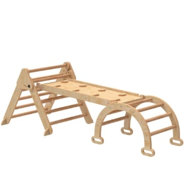 GIOCO PER BAMBINI 5 IN 1 CON TRIANGOLO, PARETE LISCIA E ARCO, IN LEGNO DI PIOPPO E PINO, 188X70X59 CM