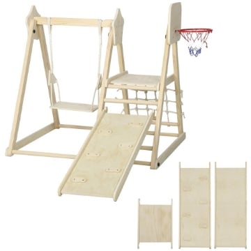GIOCO ARRAMPICATA 5 IN 1 PIEGHEVOLE CON SCIVOLO, 2 PARETI, ALTALENA E CANESTRO, IN LEGNO, 140X172.5X116.5 CM
