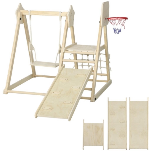 GIOCO ARRAMPICATA 5 IN 1 PIEGHEVOLE CON SCIVOLO, 2 PARETI, ALTALENA E CANESTRO, IN LEGNO, 140X172.5X116.5 CM