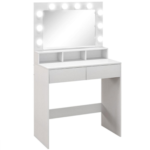 TAVOLO DA TRUCCO CON SPECCHIO E 10 LUCI LED REGOLABILI, 2 CASSETTI E 3 SCOMPARTI, 80X40X135 CM, BIANCO