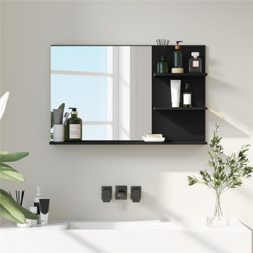 SPECCHIO BAGNO MODERNO CON 2 RIPIANI LATERALI E RIPIANO INFERIORE, IN LEGNO E VETRO, 75X10X48 CM, NERO