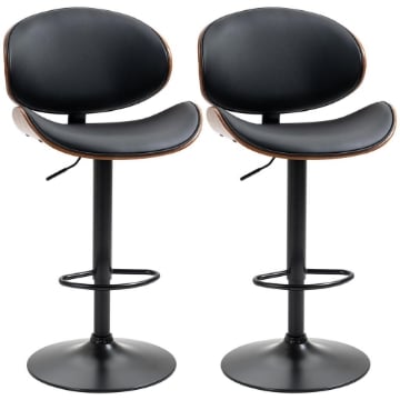 SET 2 SGABELLI DA BAR CON SCHIENALE REGOLABILI IN ALTEZZA, LEGNO E FINTA PELLE, 53X52X92-112 CM, NERO