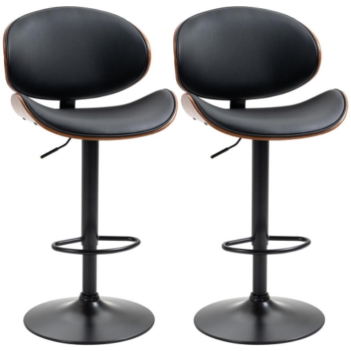 SET 2 SGABELLI DA BAR CON SCHIENALE REGOLABILI IN ALTEZZA, LEGNO E FINTA PELLE, 53X52X92-112 CM, NERO