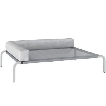 LETTINO PER CANI RIALZATO DI 20 CM CON CUSCINO A L, IN POLIESTERE E ACCIAIO, 110X75X30 CM, GRIGIO E ARGENTO