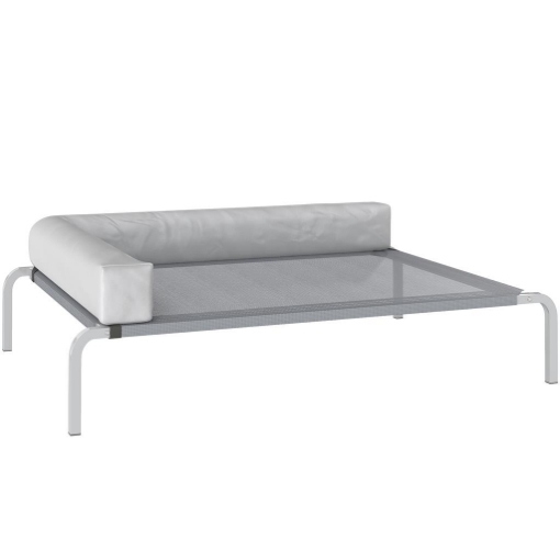 LETTINO PER CANI RIALZATO DI 20 CM CON CUSCINO A L, IN POLIESTERE E ACCIAIO, 110X75X30 CM, GRIGIO E ARGENTO