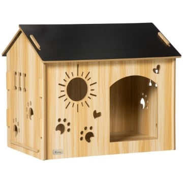 CUCCIA PER CANI DA INTERNO CON STRUTTURA IN LEGNO E APERTURE A FORMA DI ZAMPA, CUORE E OSSA, ROVERE