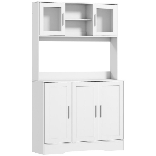 MOBILE DISPENSA CON 4 ARMADIETTI, 2 RIPIANI APERTI E PIANO DA LAVORO, IN LEGNO E VETRO, 108X35X180 CM, BIANCO