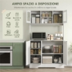 MOBILE DISPENSA CON 4 ARMADIETTI, 2 RIPIANI APERTI E PIANO DA LAVORO, IN LEGNO E VETRO, 108X35X180 CM, BIANCO