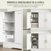 MOBILE DISPENSA CON 4 ARMADIETTI, 2 RIPIANI APERTI E PIANO DA LAVORO, IN LEGNO E VETRO, 108X35X180 CM, BIANCO