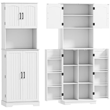 CREDENZA DA CUCINA ALTA STILE COUNTRY, 2 ARMADIETTI E 8 PORTASPEZIE, 60X40X181.5 CM, BIANCO